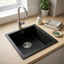 GraniteMy Universal granite black sink 34x40 cm black top-mounted undermount and flush-mount with stainless steel plug 1208967106